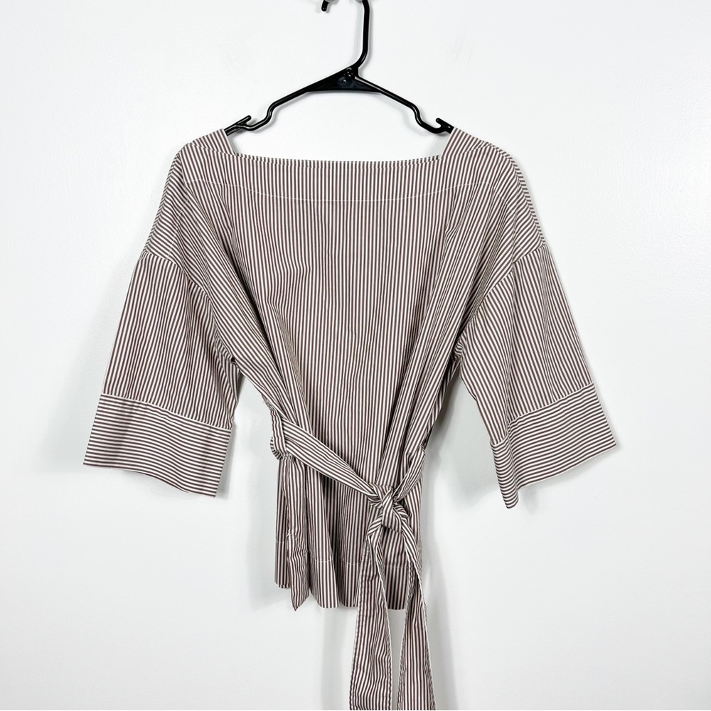 Everlane the poplin belted square neck brown striped top size 2
